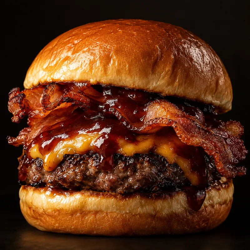 Burger med sprød bacon, bøf og blank bbq-sauce, tæt makro mod mørk baggrund