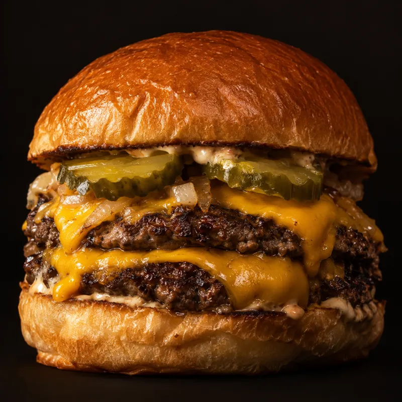 Cheeseburger med to tynde bøffer, cheddar og syltede agurker, tæt makro mod mørk baggrund