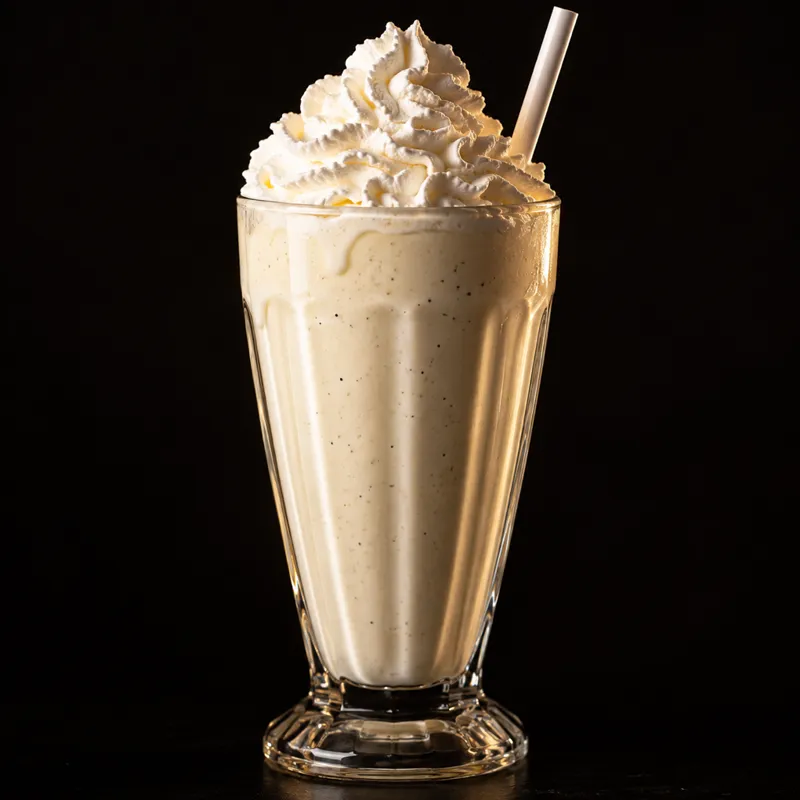 Tyk vaniljemilkshake i glas med flødeskum og sugerør mod mørk baggrund