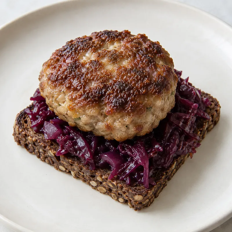Smørrebrød med frikadelle og rødkål på rugbrød, tæt på