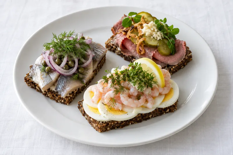 Tre stykker smørrebrød med sild, roastbeef og æg med rejer på en hvid tallerken på hvid dug, set skråt oppefra i dagslys