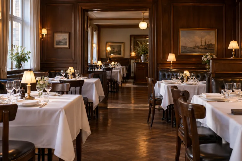 En klassisk restaurantsal med hvide duge, mørkt træ og små lamper, tom og i varmt lys