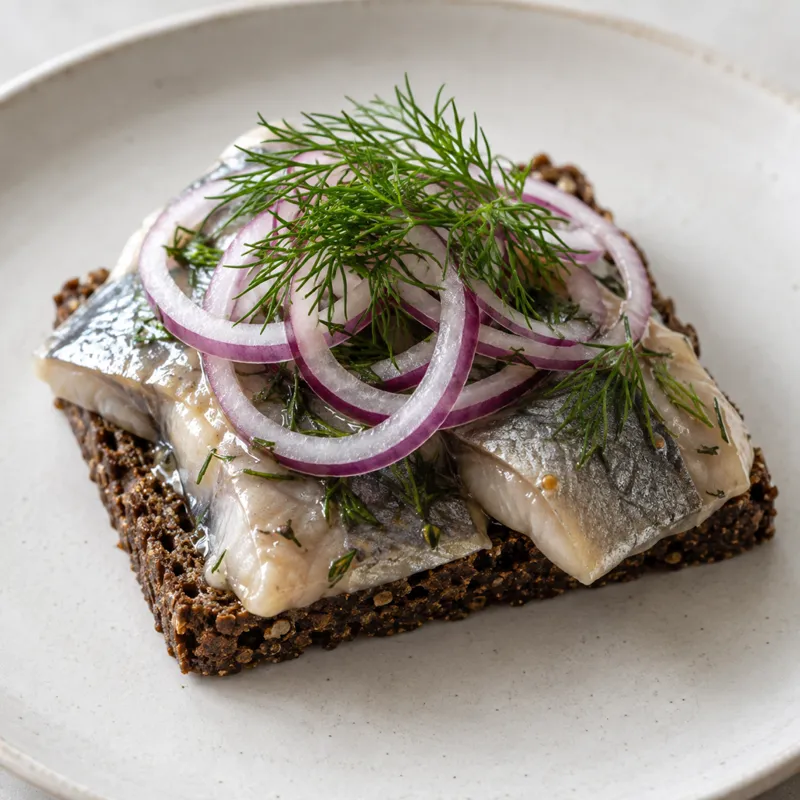 Ét stykke smørrebrød med marineret sild, rødløg og dild på rugbrød, tæt på