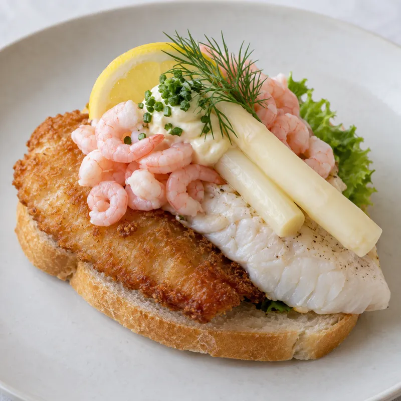 Et stjerneskud med stegt og dampet fisk, rejer og asparges på franskbrød, tæt på