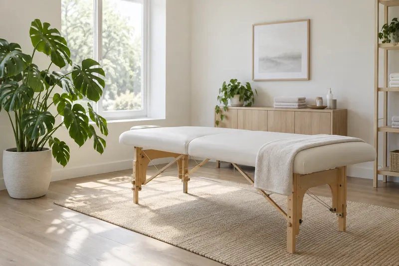 Lyst behandlingsrum med en briks, en stor grøn plante og dagslys fra vinduet