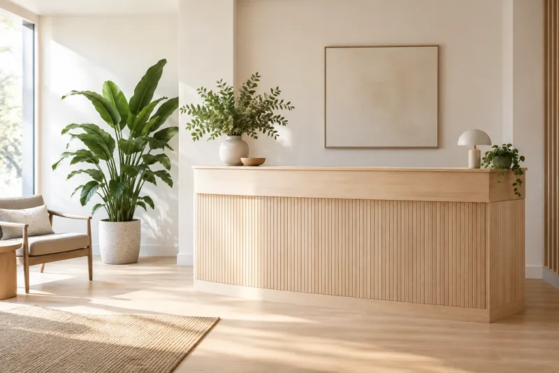 En lys og rolig reception med træ og en plante