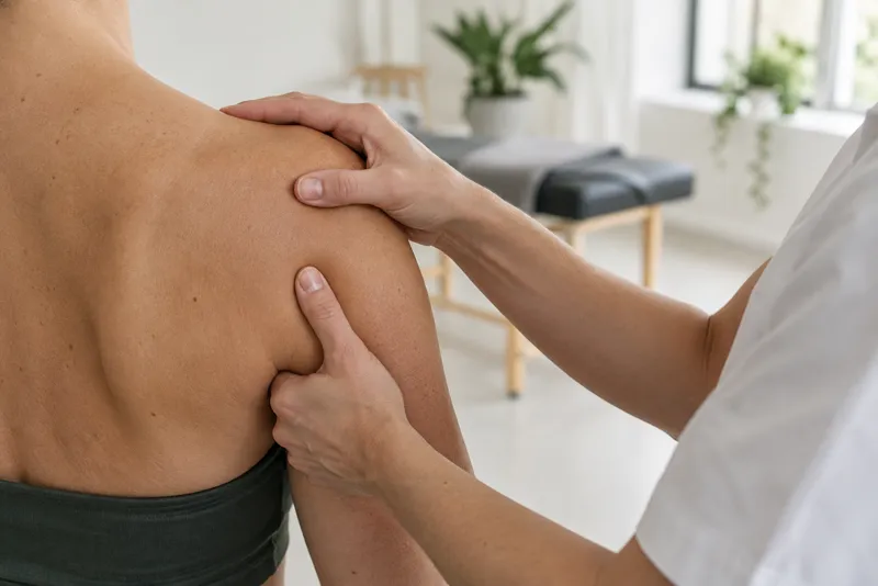 En fysioterapeuts hænder på en patients skulder, set bagfra i et lyst rum