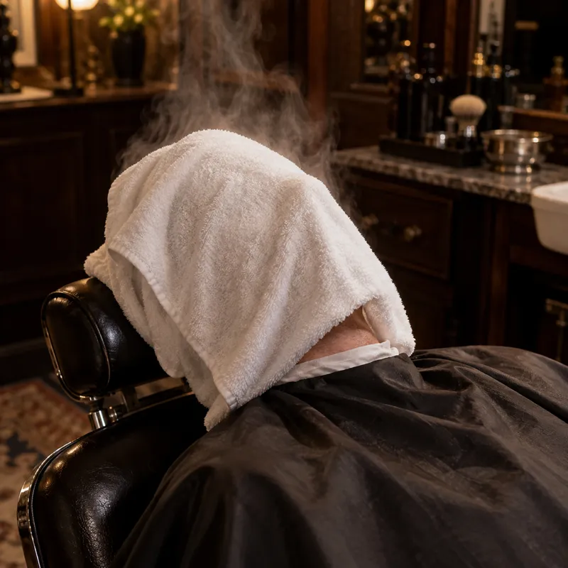 Varmt hvidt håndklæde lagt over et ansigt i barberstolen, damp stiger op