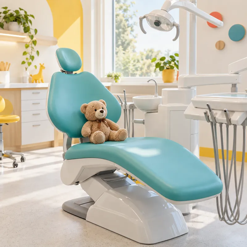 Lys tandlægestol i bløde farver med en bamse på sædet