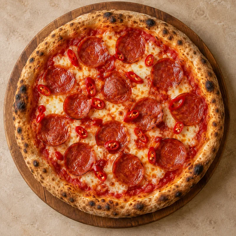 Pizza med salami og chili set oppefra på et træbræt