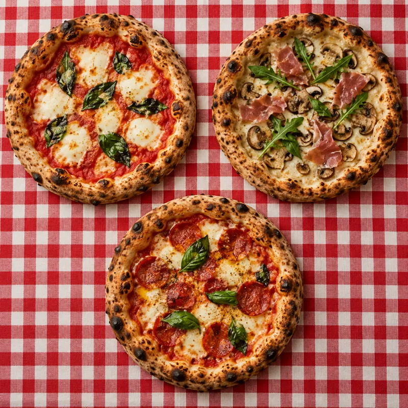 Tre pizzaer set lige oppefra på en rød og hvid ternet dug, med basilikum og ovnbagte kanter