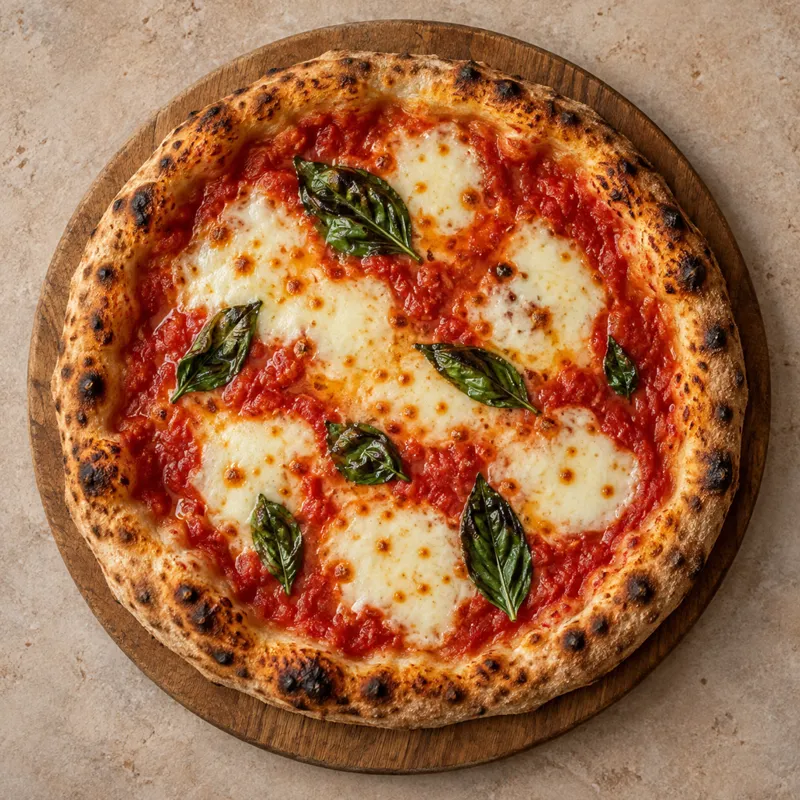 Margherita set oppefra på et træbræt, med tomat, mozzarella og basilikum