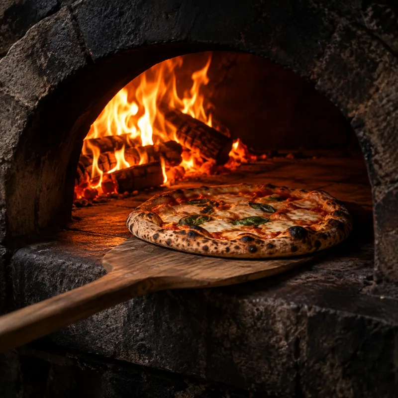 Stenovn med flammer og en pizza på skovlen, mørk baggrund