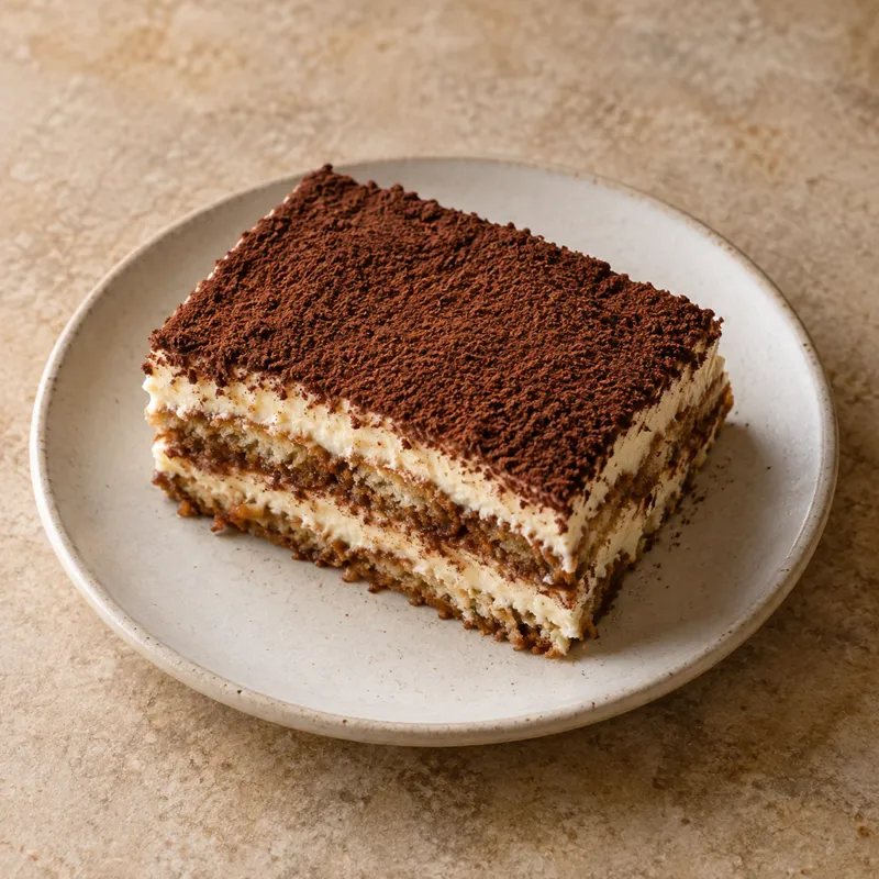 Et stykke tiramisu på en tallerken med kakao, set skråt