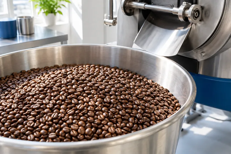 Nyristede kaffebønner i en stor metalskål ved en risteovn, tæt på, i dagslys